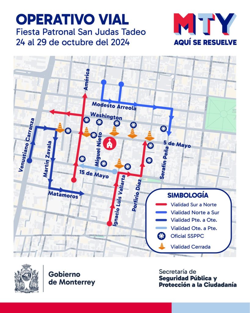 Mapa de Vialidad para Fiestas e San Judas Tadeo en Monterrey. Operativo Vial Monterrey Fiestas Patronales San judas Tadeo