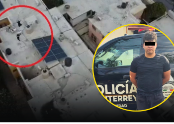 Aerial View Showing a Rooftop Scene Circled in Red with People Near Hvac Equipment, and a Man Standing in Front of a Police Suv Circled in Yellow. - Cambiando Mty