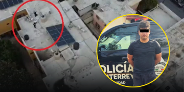 Aerial View Showing a Rooftop Scene Circled in Red with People Near Hvac Equipment, and a Man Standing in Front of a Police Suv Circled in Yellow. - Cambiando Mty