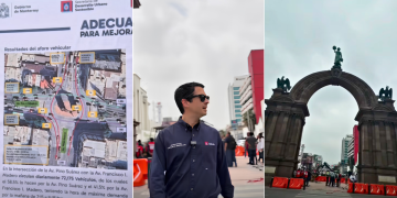 Collage of a City Scene: Left Shows a Planning Map on a Banner, Center Features a Man in Sunglasses on a City Street, Right Shows a Large Arch with Statues. - Cambiando Mty