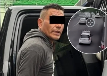 Man in a Gray Hoodie with Eyes Blocked by a Black Bar, Stepping Toward a Black Van; Inset Shows a Circular City Traffic View. - Cambiando Mty