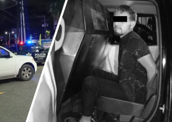 Split image: left shows night-time police cars with flashing blue lights; right shows a man with eyes blocked by a black bar seated in the back of a vehicle, hands presumably restrained, in custody.