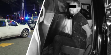 Split Image: Left Shows Night-time Police Cars with Flashing Blue Lights; Right Shows a Man with Eyes Blocked by a Black Bar Seated in the Back of a Vehicle, Hands Presumably Restrained, in Custody. - Cambiando Mty