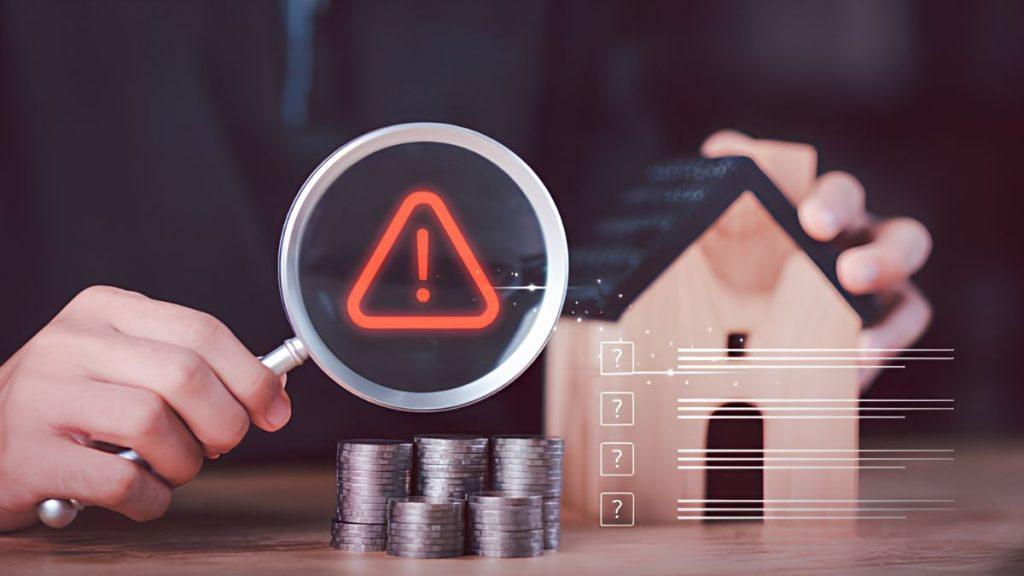 Person Holds a Magnifying Glass over a Miniature House and Coin Stacks, with a Red Warning Symbol, Indicating Real Estate Investment Risk. - Cambiando Mty