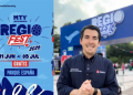 Promotional poster for Regi Fest 2026 with dates June 11–July 5 and free entry at Parque España; blue festival design in the background.