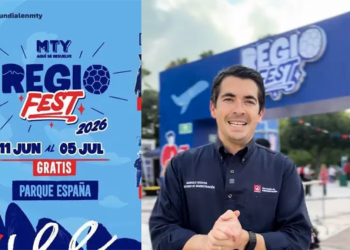Promotional poster for Regi Fest 2026 with dates June 11–July 5 and free entry at Parque España; blue festival design in the background.