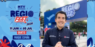 Promotional poster for Regi Fest 2026 with dates June 11–July 5 and free entry at Parque España; blue festival design in the background.