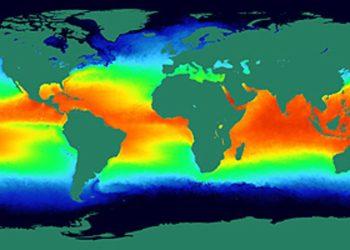 Global map showing sea surface temperatures with a rainbow color scale from blue (cool) to red (warm).