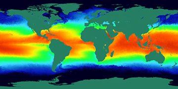 Global map showing sea surface temperatures with a rainbow color scale from blue (cool) to red (warm).